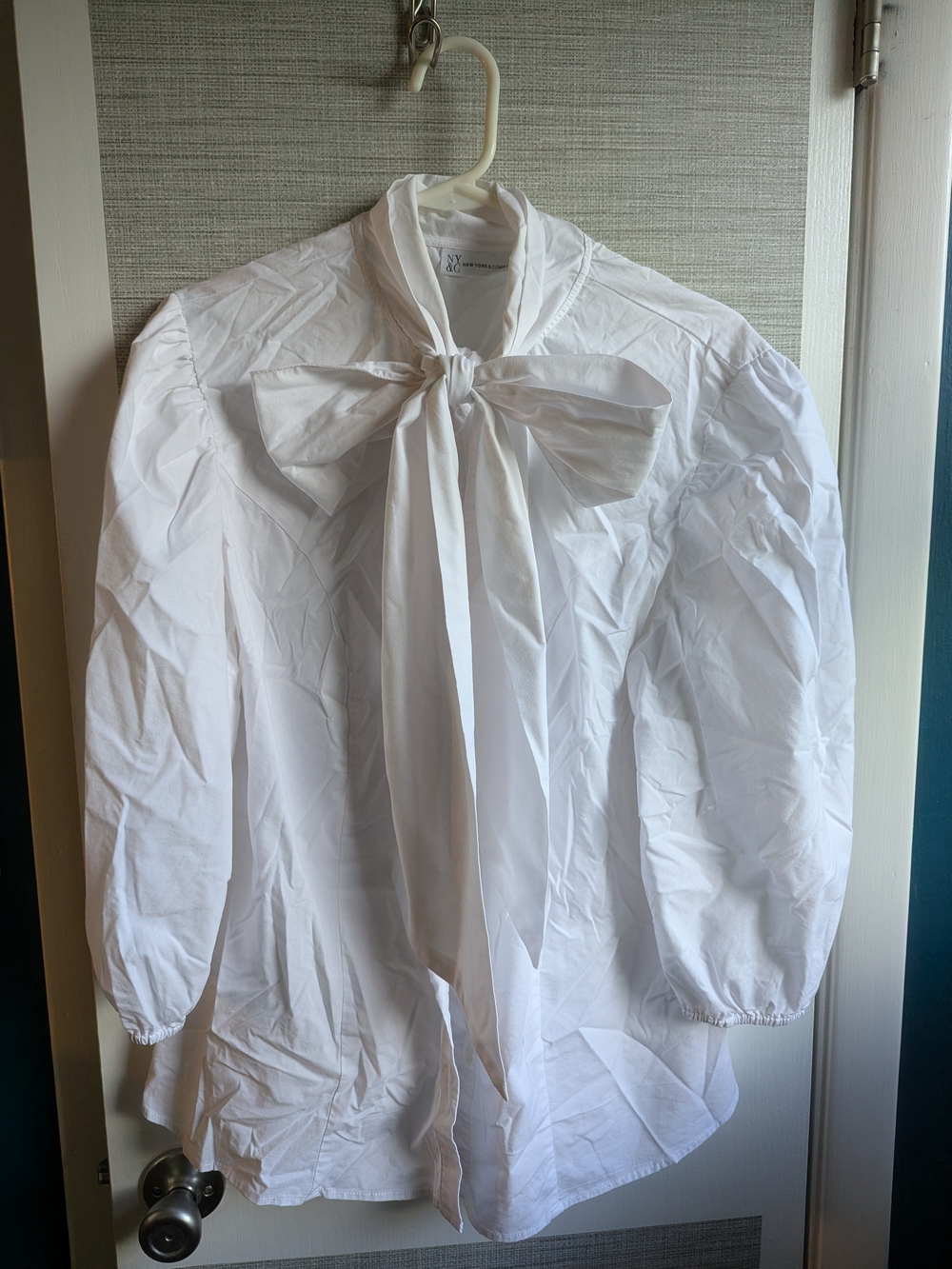 New York & Company White Tie-Neck Puff Sleeve Button-Down Shirt